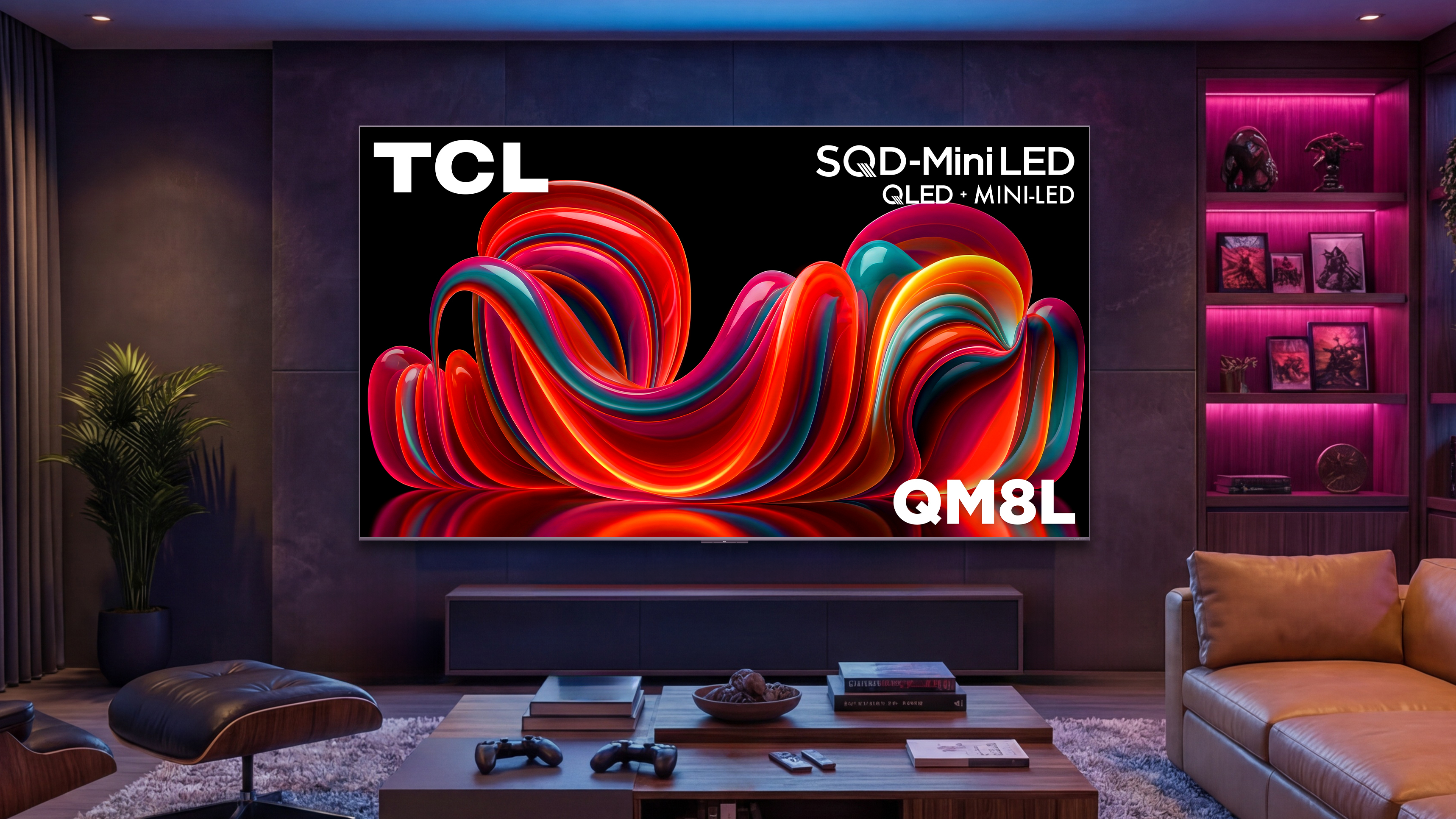 A wall-mounted TCL QM8L TV displaying colorful, abstract imagery in a dark living room that's illuminated by blue- and pink-colored lighting