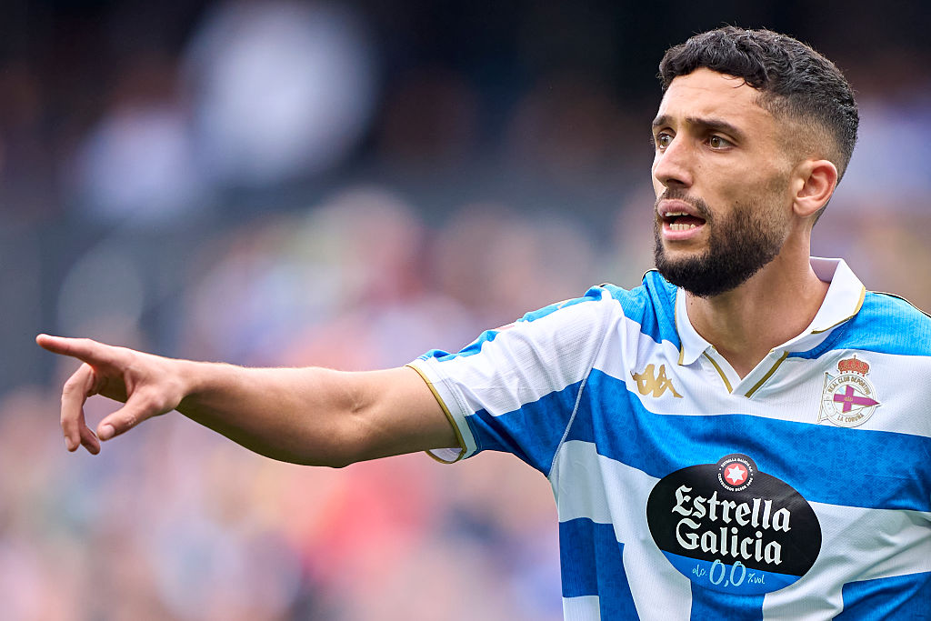 Zakaria Eddahchouri of RC Deportivo de La Coruna reacts during the LaLiga Hypermotion match between RC Deportivo La Coruna and UD Almeria at Abanca-Riazor Stadium on October 04, 2025 in La Coruna, Spain.
