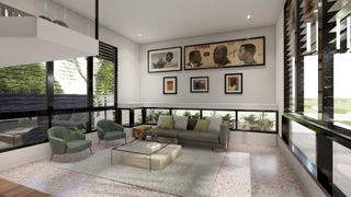 Contemporary double height interior of compact Ghana residence