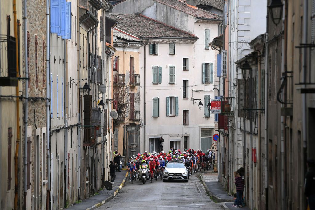BESSGES FRANCE FEBRUARY 05 Start The Peloton at Bessges Village during the 51st toile de Bessges Tour du Gard 2021 Stage 3 a 1548km stage from Bessges to Bessges EDB2020 on February 05 2021 in Bessges France Photo by Luc ClaessenGetty Images