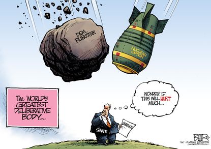 Political Cartoon U.S. Democratic filibuster Republican nuclear option Senate Gorsuch confirmation