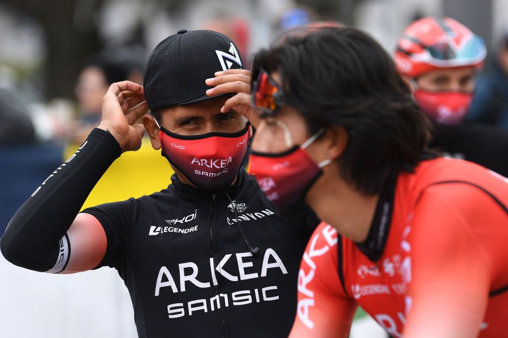 FEICHTEN IM KAUNERTAL AUSTRIA APRIL 20 Nairo Alexander Quintana Rojas of Colombia and Team Arka Samsic at start in Innsbruck city during the 44th Tour of the Alps 2021 Stage 2 a 1215km stage from Innsbruck to Feichten im Kaunertal 1291m Mask Covid Safety Measures TourofTheAlps TouroftheAlps on April 20 2021 in Feichten im Kaunertal Austria Photo by Tim de WaeleGetty Images