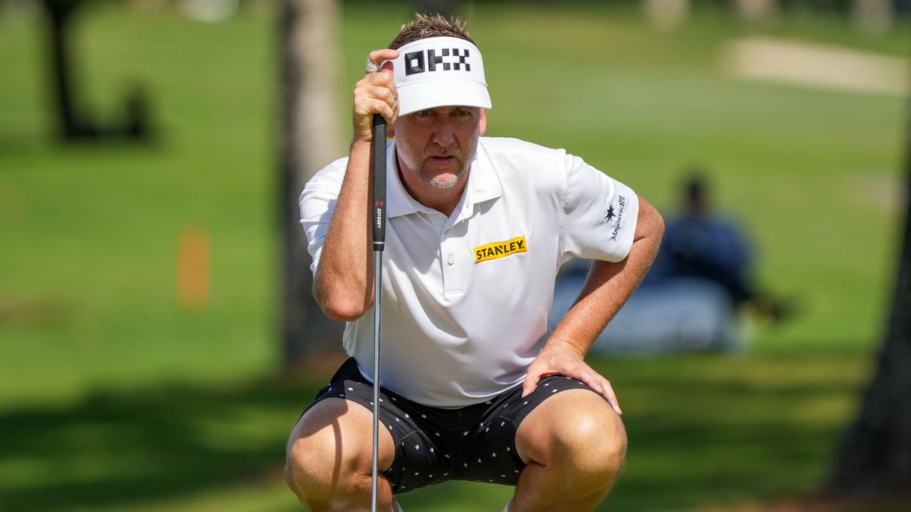 Ian Poulter lines up a putt at LIV Golf&#039;s 2022 World Team Championship in Florida