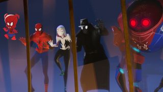 Spider-Man: Into the Spider-Verse's leading heroes peering through skylight window