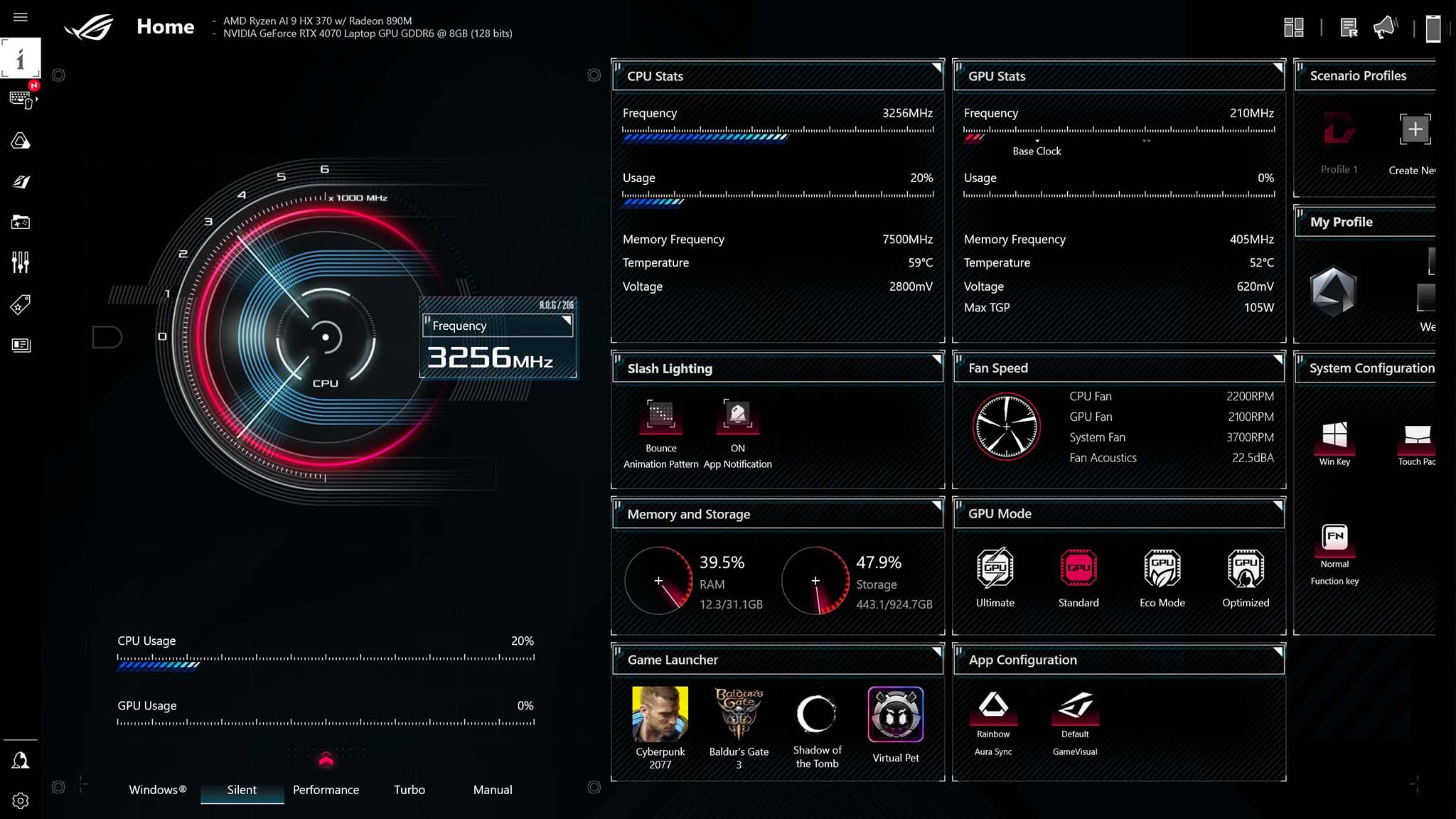 ASUS ROG Zephyrus G16 (2024) GA605 Armoury Crate performance.