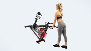 Woman moving the Sunny Health & Fitness Indoor Cycle Bike