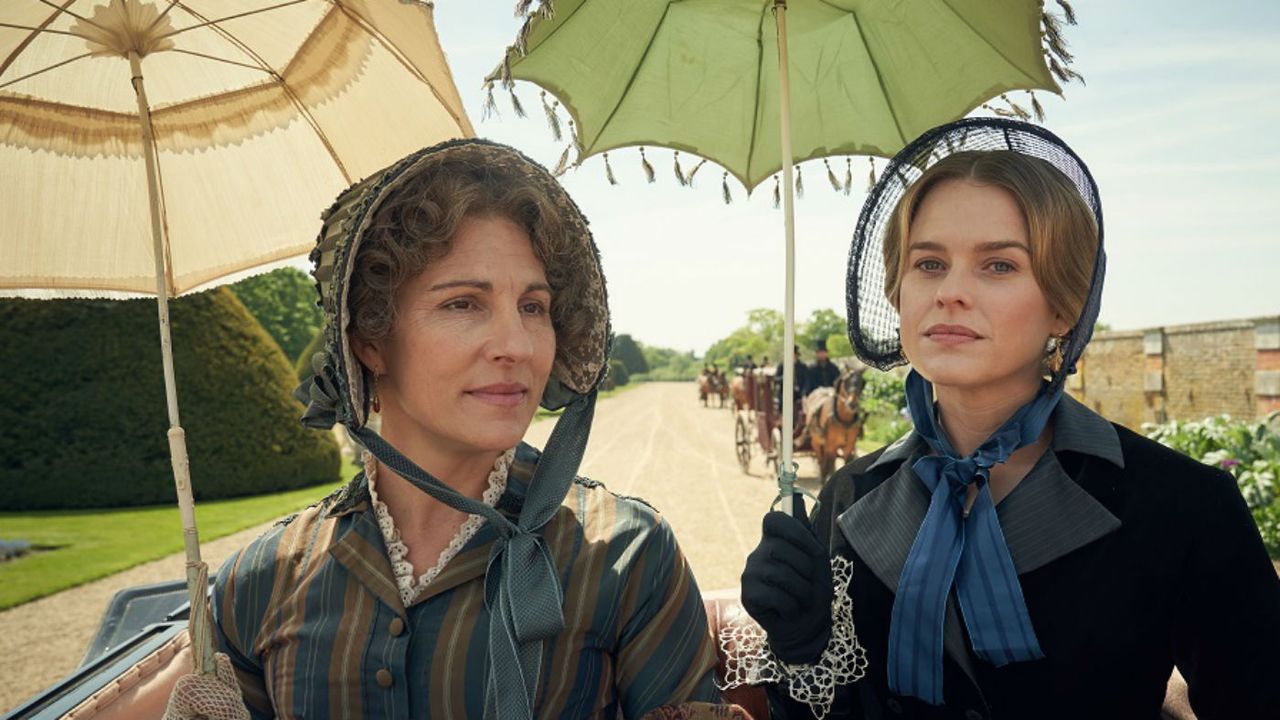 Tamsin Greig and Alice Eve as mother and daughter in Belgravia.