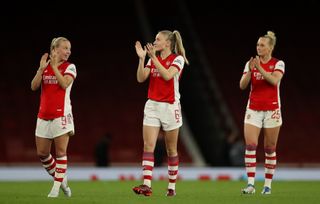 Leah Williamson (centre) helped Arsenal to victory over Tottenham at the Emirates Stadium on Wednesday night.