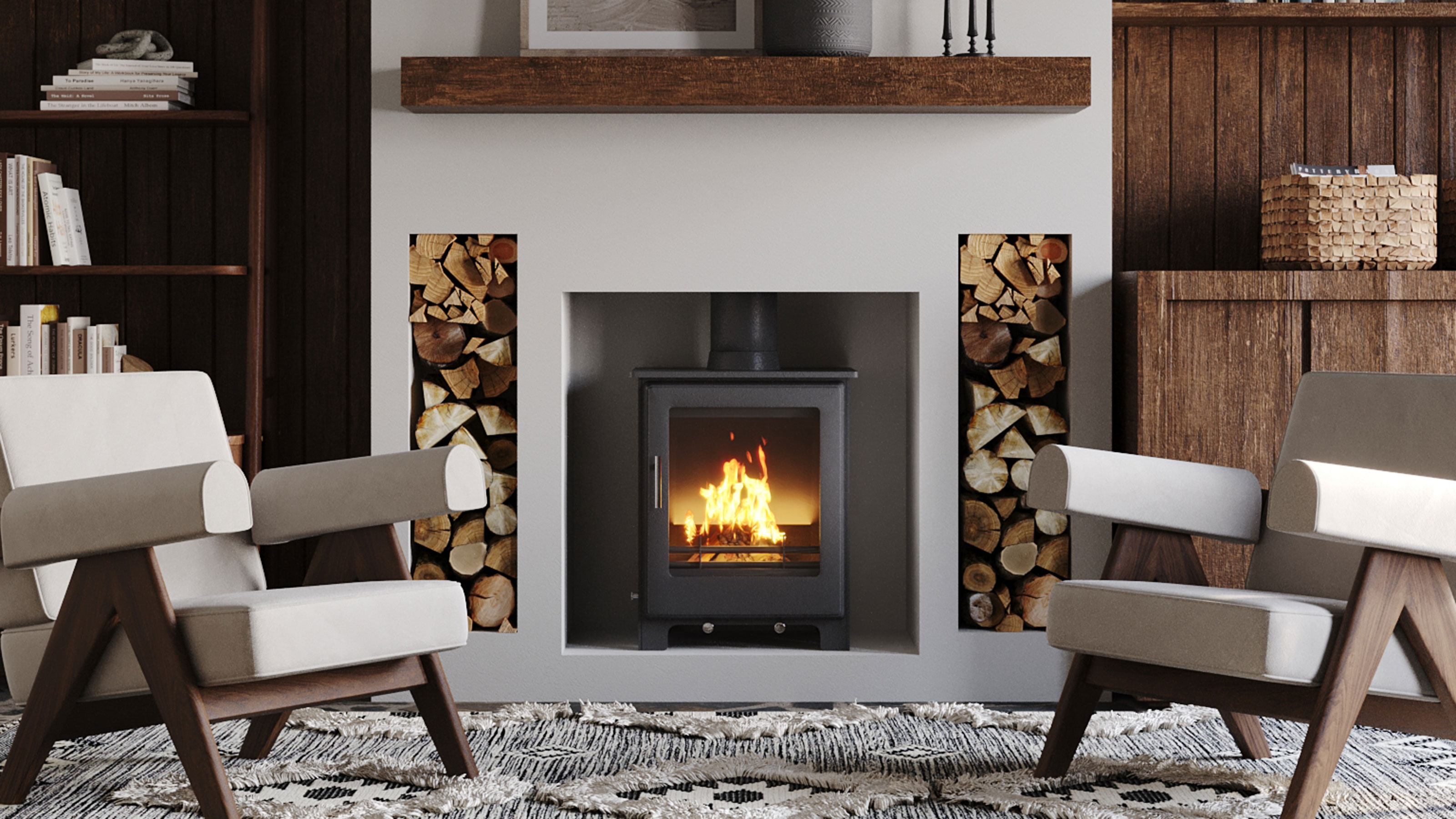 modern black log burning stove in living room with built-in log storage