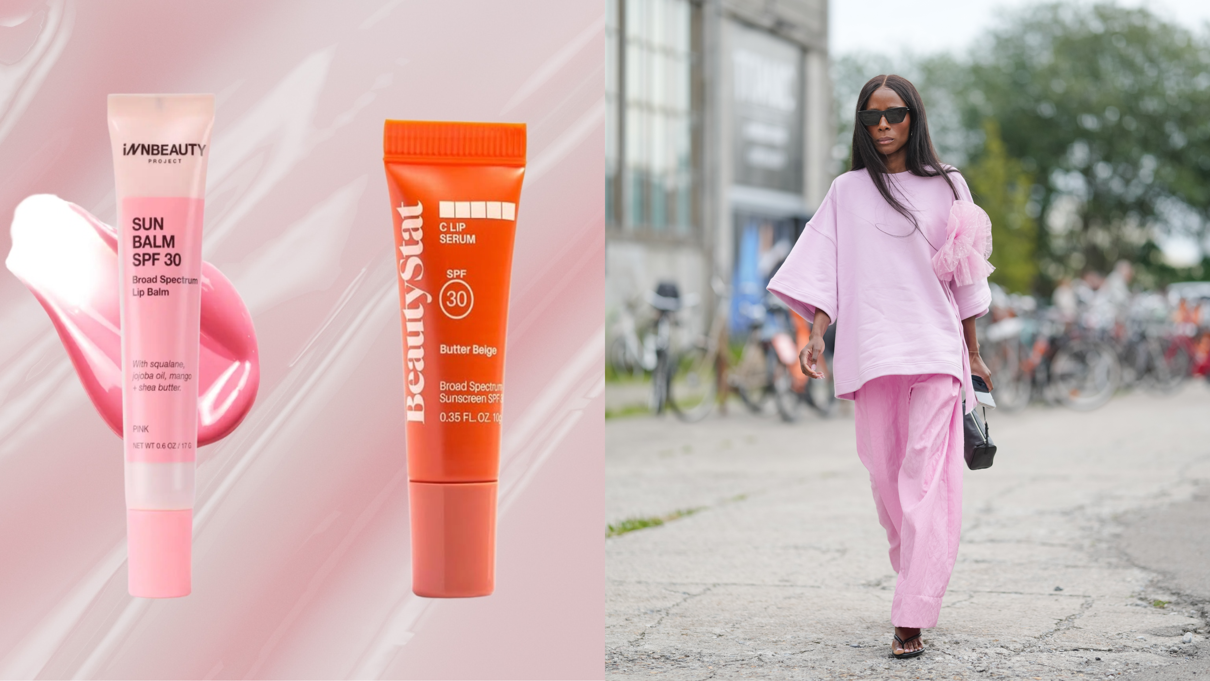 Two SPF lip balms in front of a glossy pink background next to a woman wearing all pink.