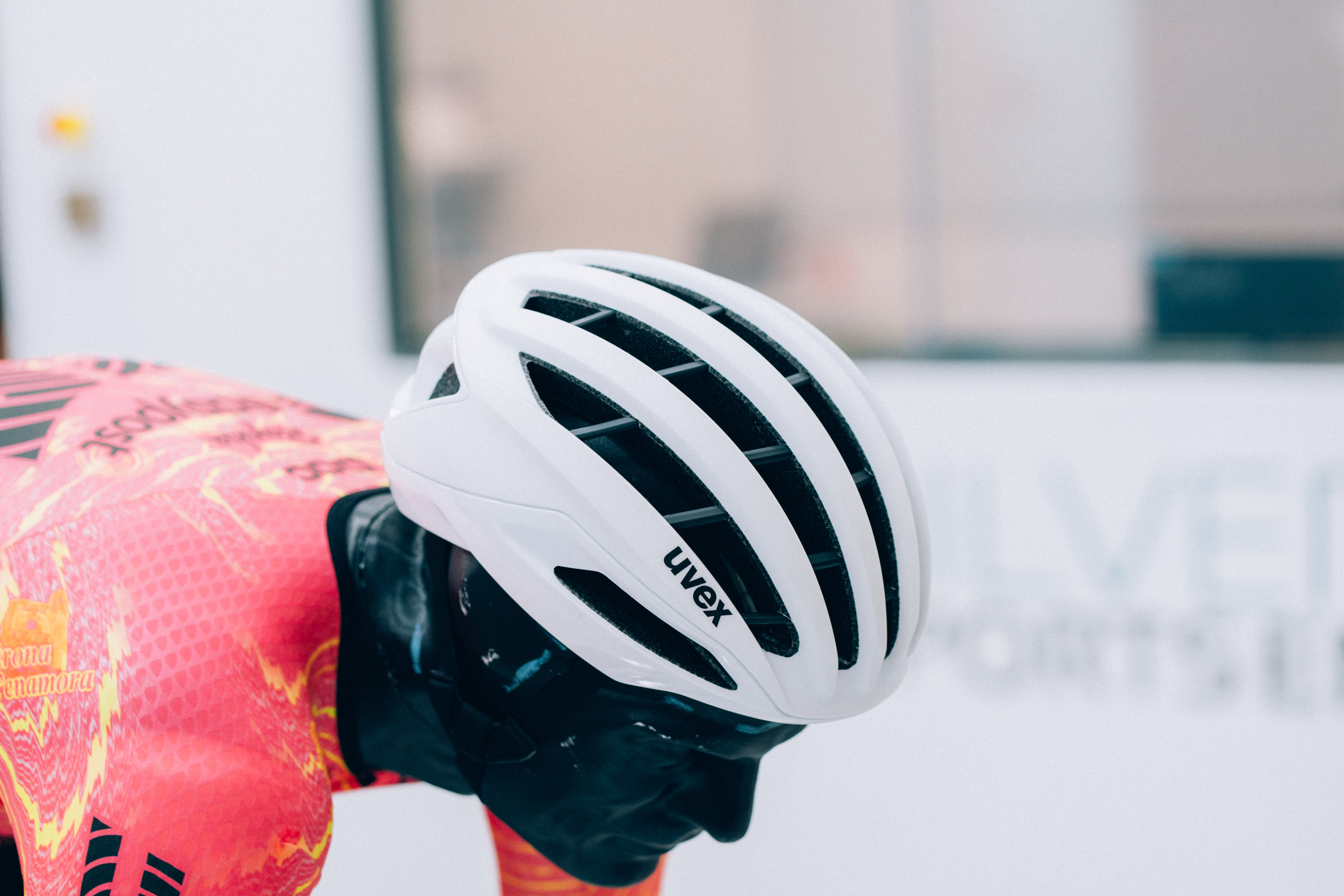 A close up of helmets being tested in the wind tunnel