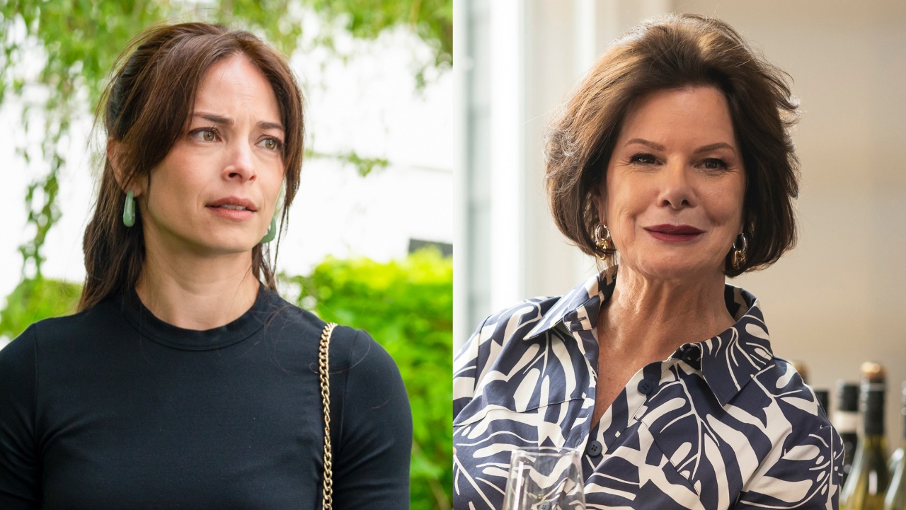 Kristin Kreuk looking suspicious as Cassandra and Marcia Gay Harden looking smug as Mayor Holman in Murder in a Small Town S2