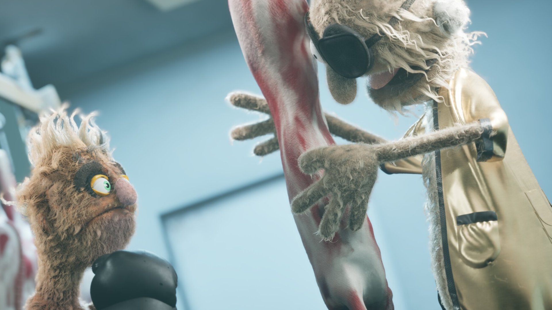 Felt That: Boxing screenshot of protagonist puppet Fuzz-E training with another puppet who has an eyepatch and holds a frozen rack of meat for Fuzz-E to punch