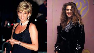 A collage picture of young Princess Diana in a black dress and a young Cindy Crawford in a leather jacket with curly hair