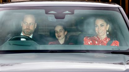 Prince William, Princess Charlotte and Catherine, Princess of Wales drive to attend a Christmas Lunch for members of the Royal Family