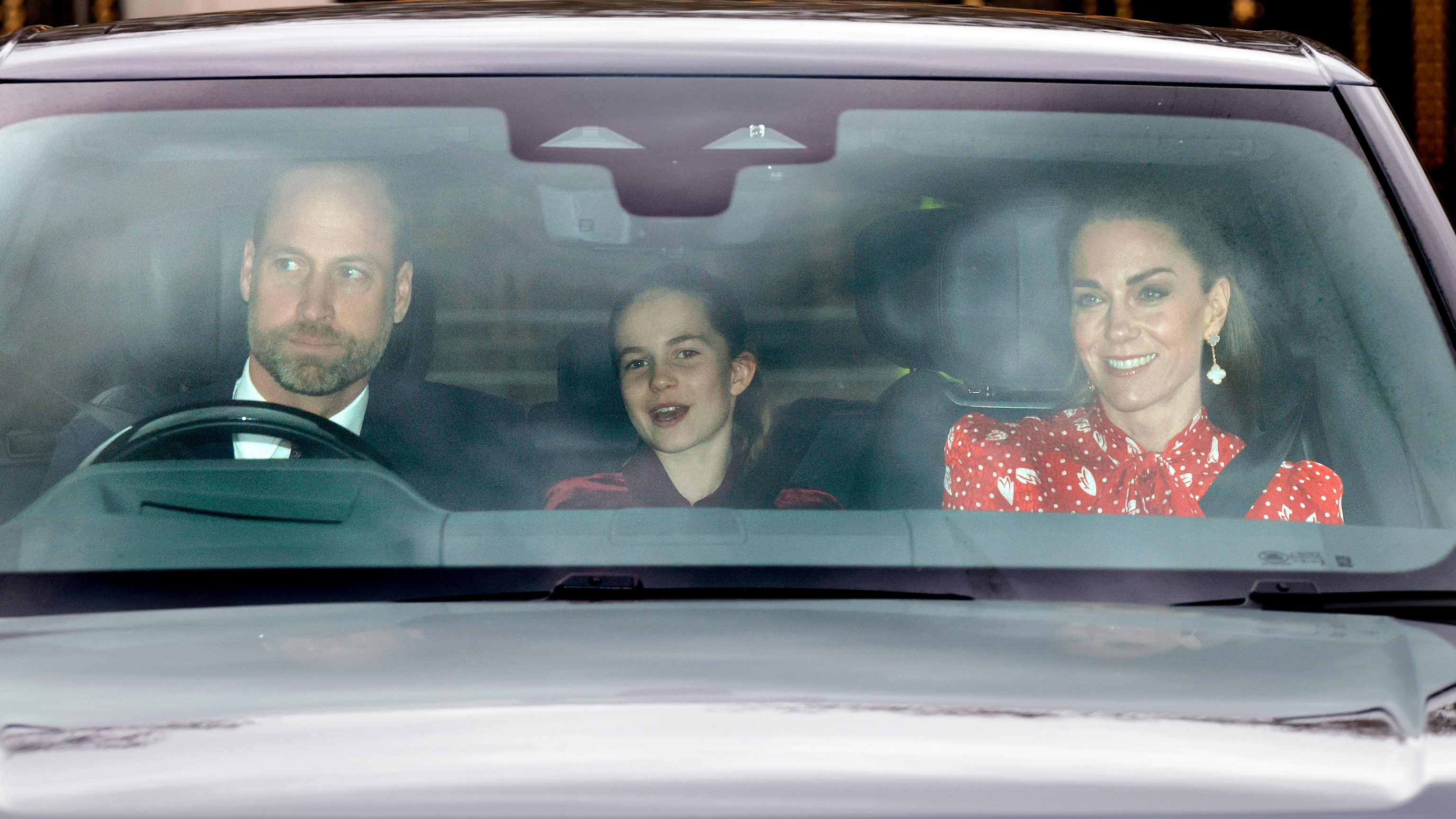 Prince William, Princess Charlotte and Catherine, Princess of Wales drive to attend a Christmas Lunch for members of the Royal Family