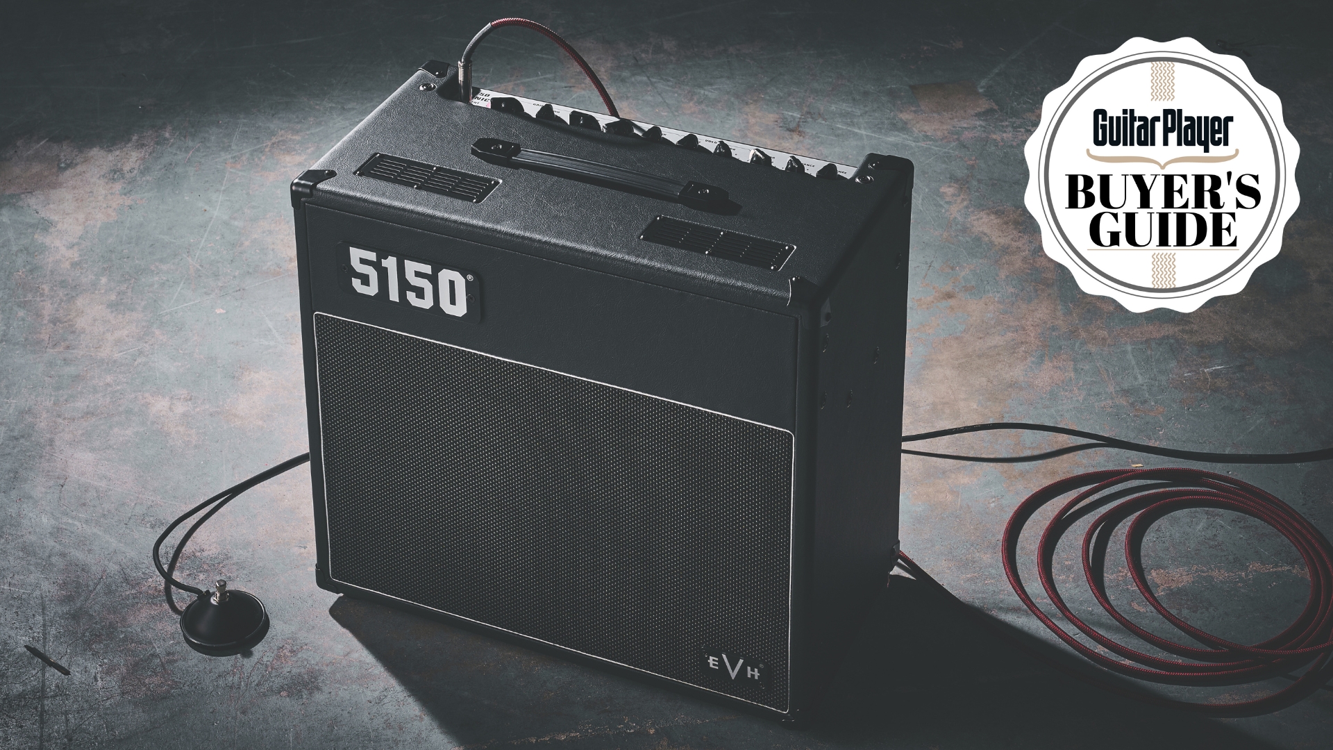 An EVH 5150 Iconic Series combo amp on a stone floor with a guitar cable plugged in