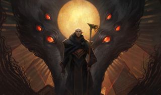 Solas in evil mode outfit standing in front of sunburst consumed by multi-eyed wolf.