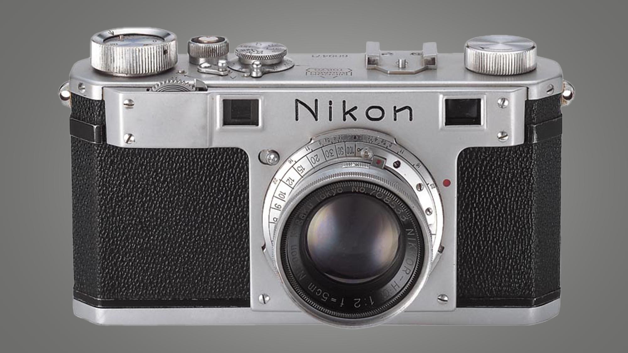 The first ever Nikon camera on a grey background