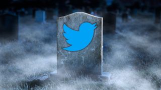 The Twitter logo on a headstone in a dark, spooky graveyard.