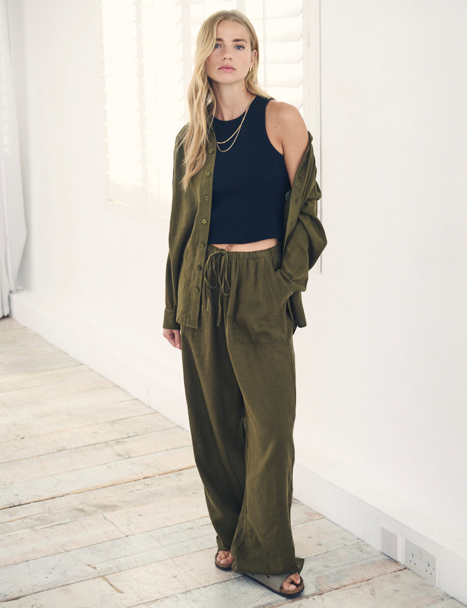 Green Linen-Blend Shona Trousers
