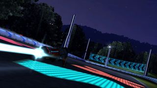 A futuristic racer flies above a neon track