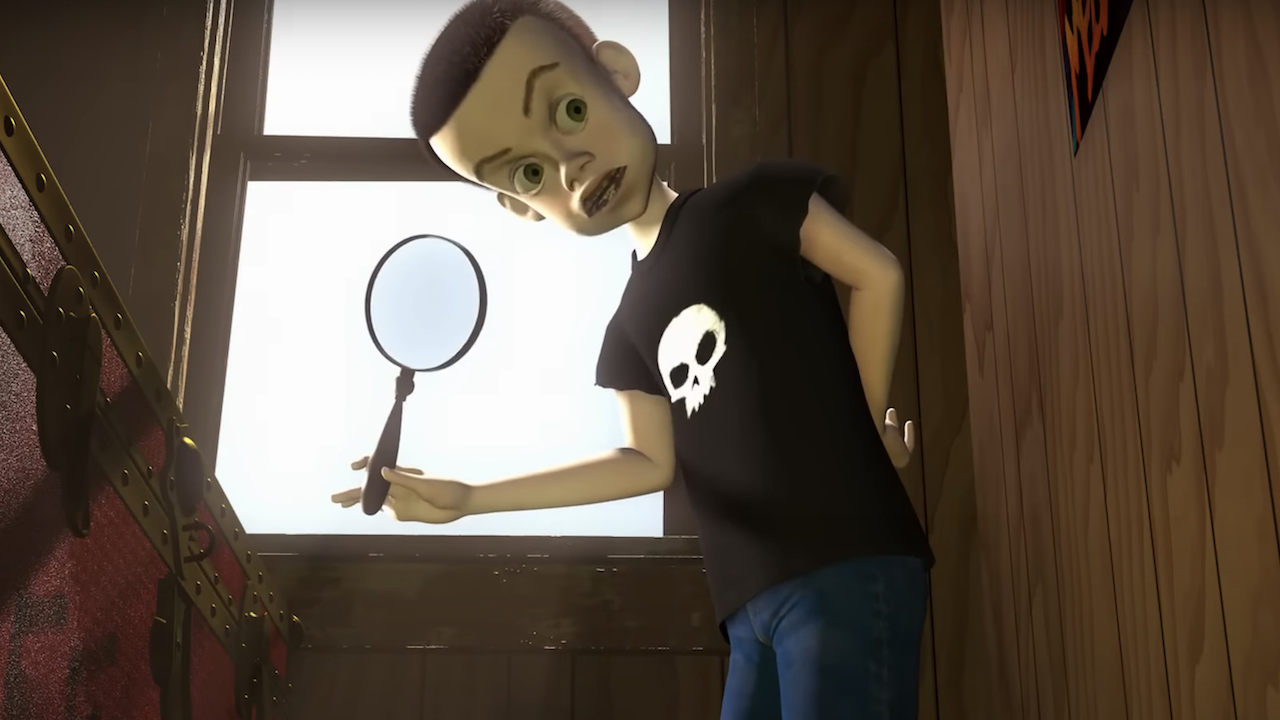 Sid with magnifying glass in his room in Toy Story