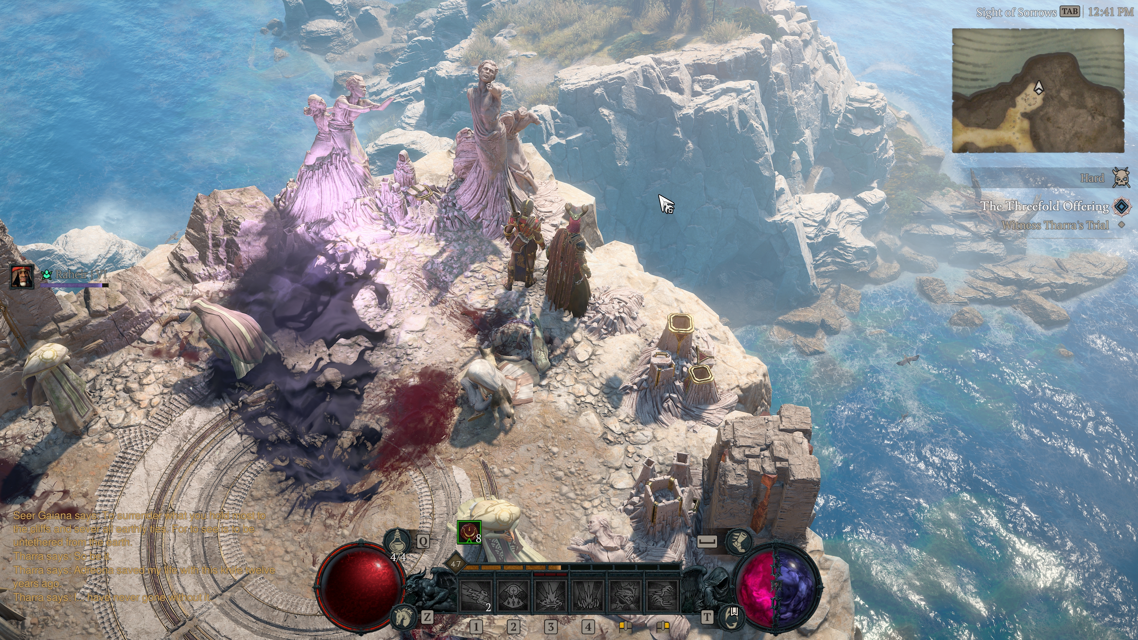 A screenshot from the Diablo 4: Lord of Hatred review build. A warlock character stands at the edge of a bright cliff looking down at the glistening sea below.