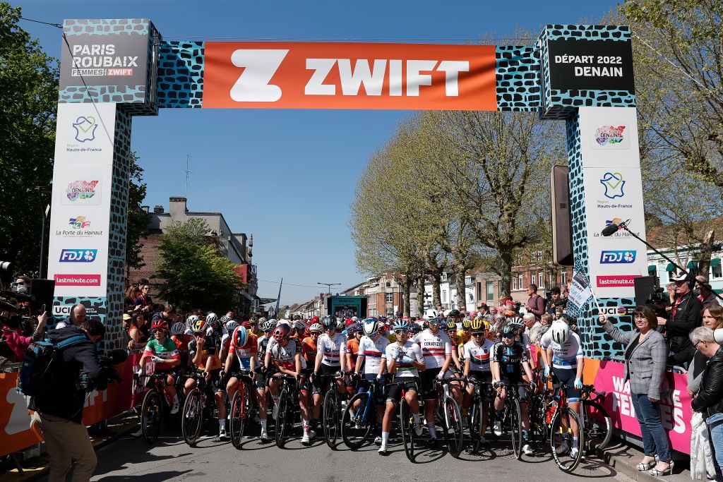 ROUBAIX FRANCE APRIL 16 LR Lotte Kopecky of Belgium Christine Majerus of Luxembourg and Team SD Worx Alison Jackson of Canada and Team Liv Racing Xstra Pfeiffer Georgi of United Kingdom and Team DSM Jelena Eric of Serbia and Movistar Team Elisa Balsamo of Italy and Team Trek Segafredo world Champion Jersey Kathrin Schweinberger of Austria and Ceratizit WNT Pro Cycling Team and Frances Janse Van Rensburg of South Africa and Team Stade Rochelais Charente Maritime prior to the 2nd ParisRoubaix 2022 Womens Elite a 1247km one day race from Denain to Roubaix ParisRoubaixFemmes ParisRoubaix on April 16 2022 in Roubaix France Photo by Bas CzerwinskiGetty Images