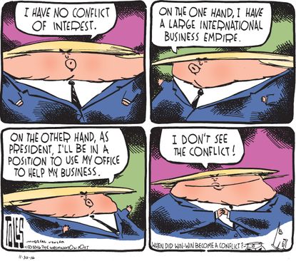 Political cartoon U.S. Donald Trump business conflict of interest