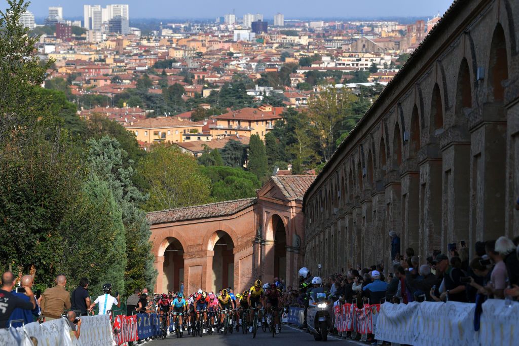 The peloton climb the San Luca above Bologna