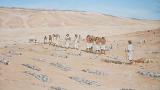 A reconstruction of the cemetery at Amarna where the woman with head cone was buried. She and the other people in the cemetery appear to have been of modest means. Study of her bones revealed that she did labor intensive work and suffered from shortages of food at times in her life.