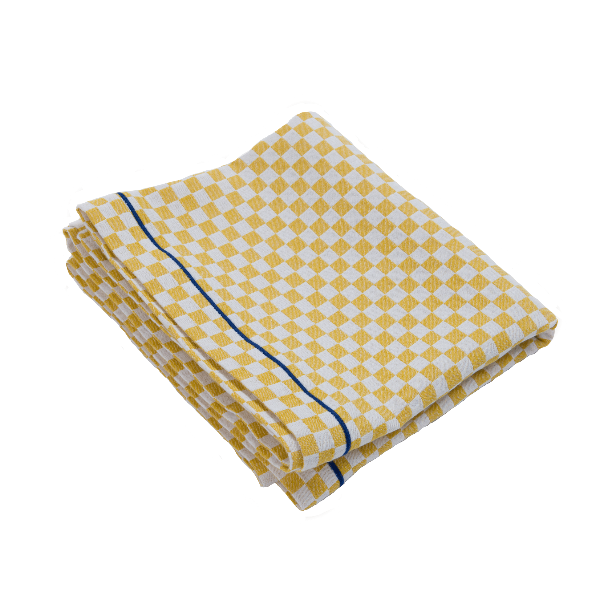 a white and yellow checkered table runner with a blue stripe folded up into a square