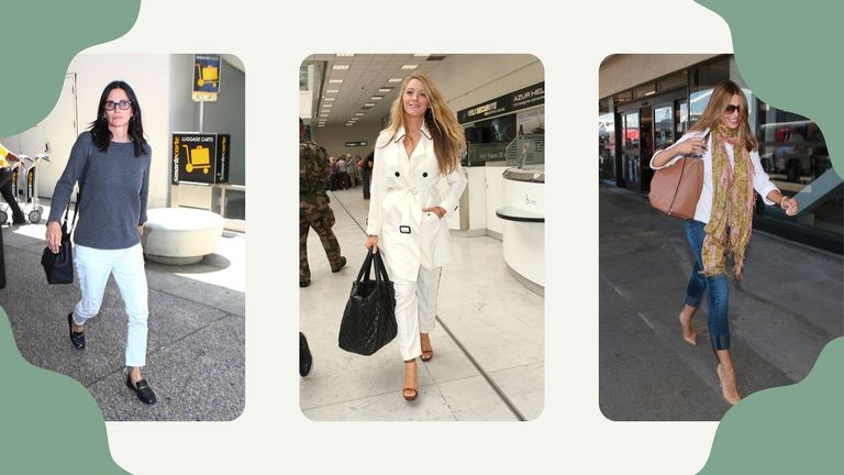 Composite image of three celebrities demonstrating what to wear on a plane: Courtney Cox, Blake Lively, Sofia Vergara pictured at an airport