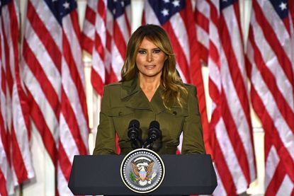 US First Lady Melania Trump addresses the Republican Convention during its second day from the Rose Garden of the White House August 25, 2020, in Washington, DC.