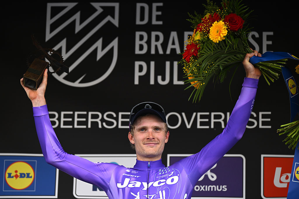 OVERIJSE, BELGIUM - APRIL 17: Anders Foldager of Denmark and Team Jayco AlUla celebrates at podium as race winner during the 65th De Brabantse Pijl - La Fleche Brabanconne 2026, Men&amp;amp;apos;s Elite a 162.6km one day race from Beersel to Overijse on April 17, 2026 in Overijse, Belgium. (Photo by Luc Claessen/Getty Images)