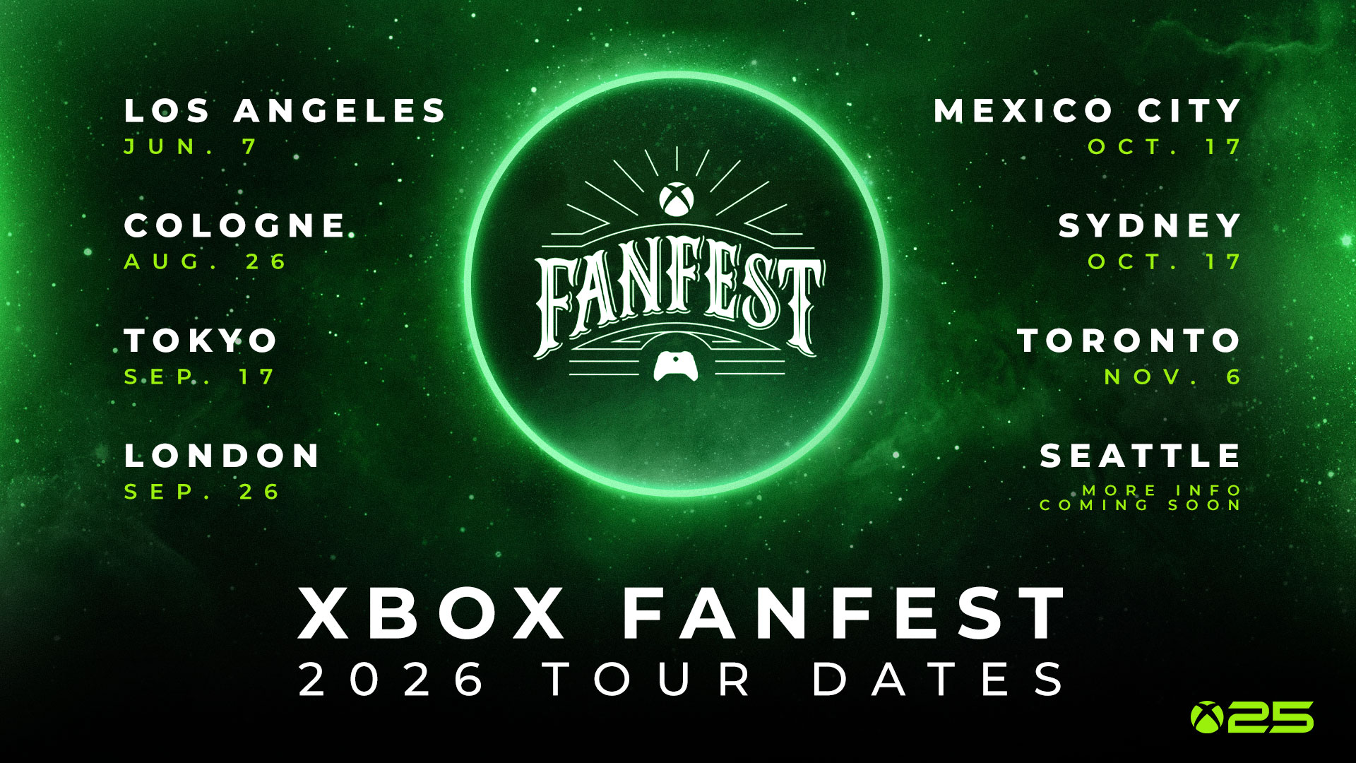 A green background with a list of dates detailing the start dates and venues for the Xbox FanFest 2026 Tour.