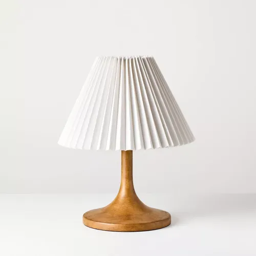 Wooden Mid Tone Lamp With Pleated Shade