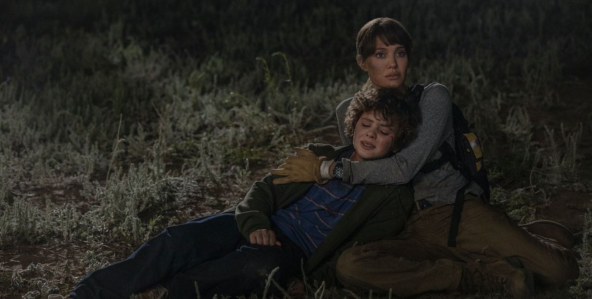 Hannah Faber (Angelina Jolie) comforts young Connor Casserly as they run from a pair of assassing who want to kill him in &#039;Those Who Wish Me Dead&#039;.