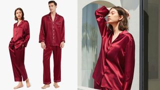 composite image of a man and a woman wearing claret colored silk pajamas