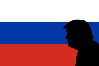 The outline of the side profile of US president Donald Trump against the Russian flag