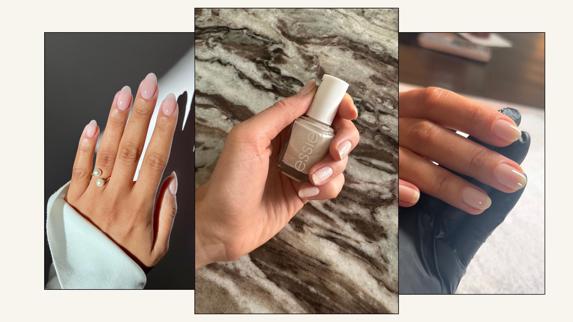 A collage of hands all wearing Essie Allure nail polish