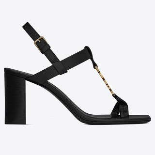 Block heel sandal in black with gold lettered YSL front embellishment