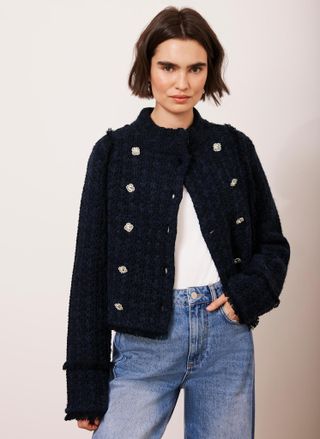 Navy Cotton Blend Boucle Knit Jacket