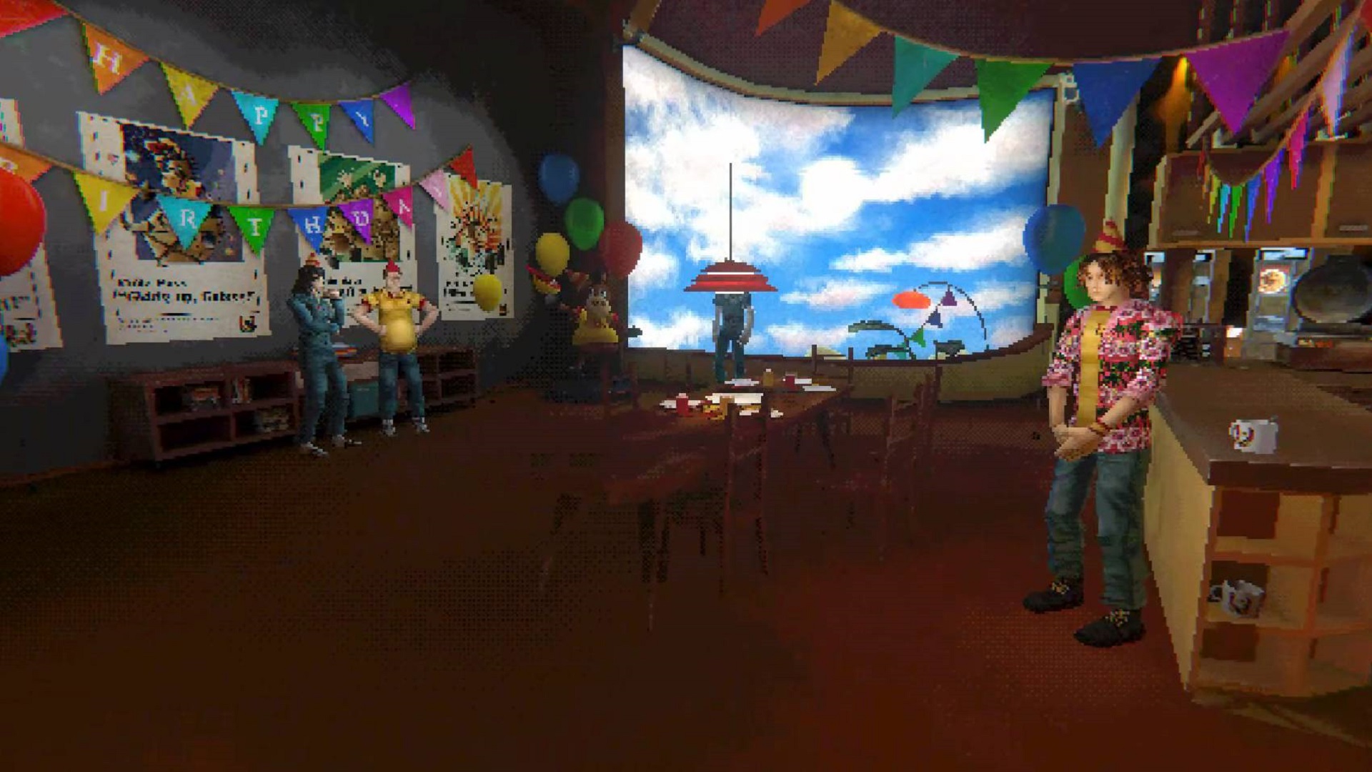 Screenshot of crew members gargling at a party