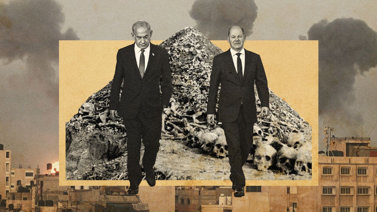 Photo collage of Olaf Scholz and Benjamin Netanyahu walking together. Behind them, there is a historical photo of a pile of human bones retrieved from a Nazi death camp. In the background, there is a photo of Israeli bombardment of Gaza city.