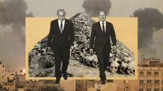 Photo collage of Olaf Scholz and Benjamin Netanyahu walking together. Behind them, there is a historical photo of a pile of human bones retrieved from a Nazi death camp. In the background, there is a photo of Israeli bombardment of Gaza city.