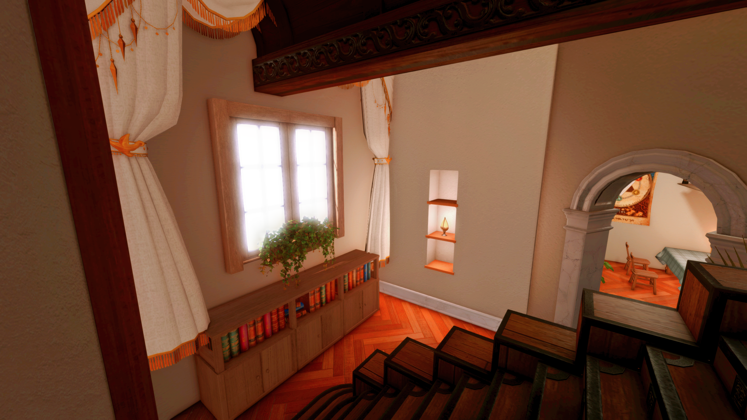 Final Fantasy 14 housing, bottom of the stairs with a window and bookshelf