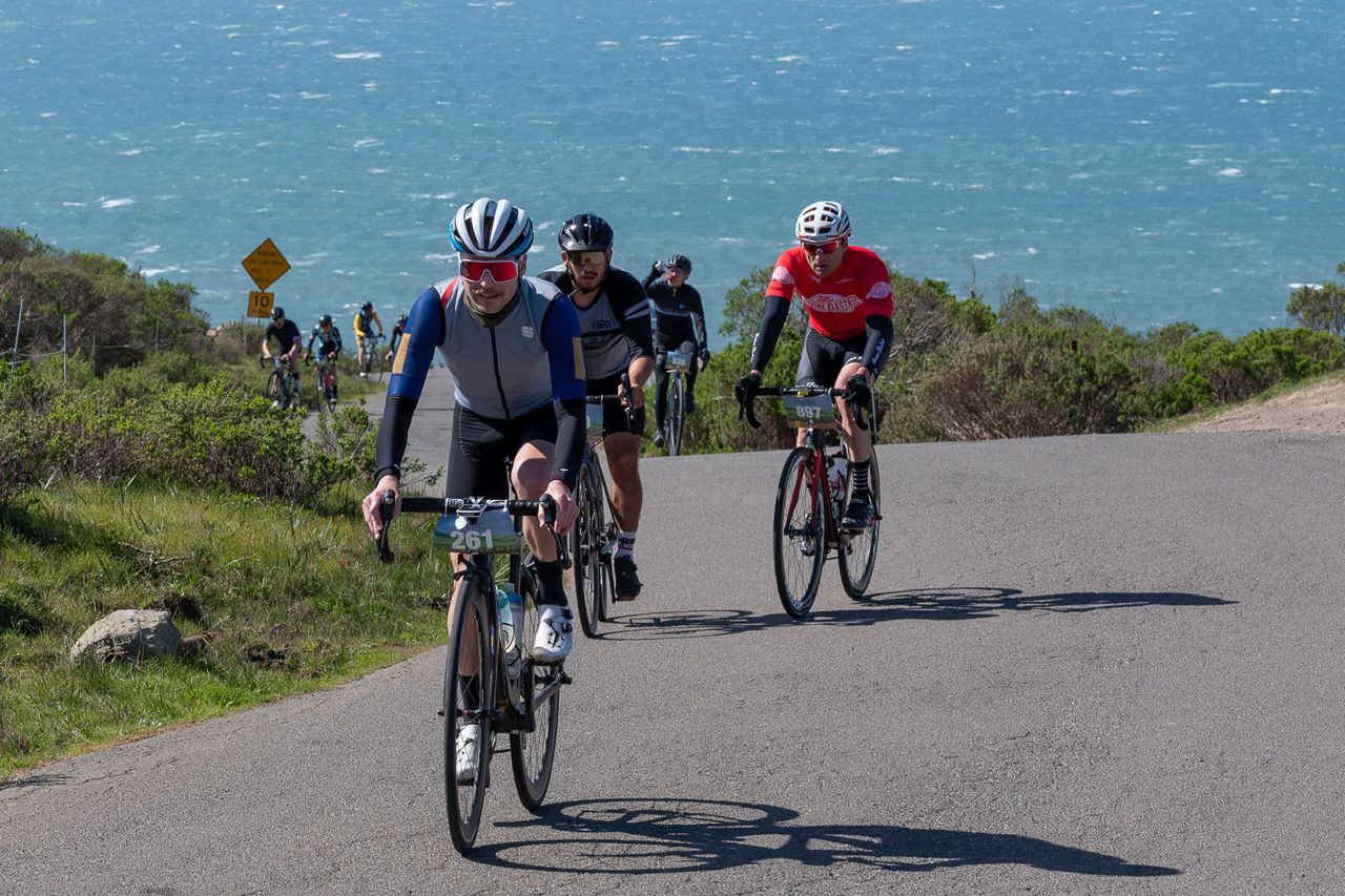 A group tackle a climb on course