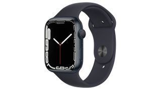 Et sort Apple Watch 7 på hvid baggrund